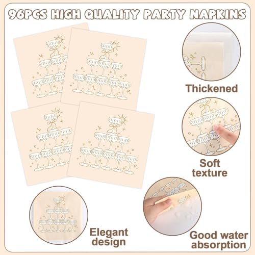 96PCS Champagne Tower Birthday Paper Plates Napkins Bachelorette Party Plates Cheers Champagne Gold Foil Disposable Dinnerware Tableware Sets for Wedding NYE Showers Supplies Decorations - Image 4