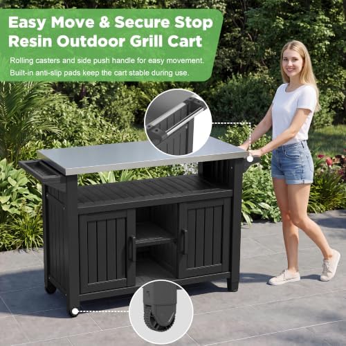 Bifanuo Outdoor Grill Table Grill Cart with Stainless Steel Top & Storage Cabinet for Food Prep and Storage, Portable and Durable with Wheels(Classic Black) - Image 2