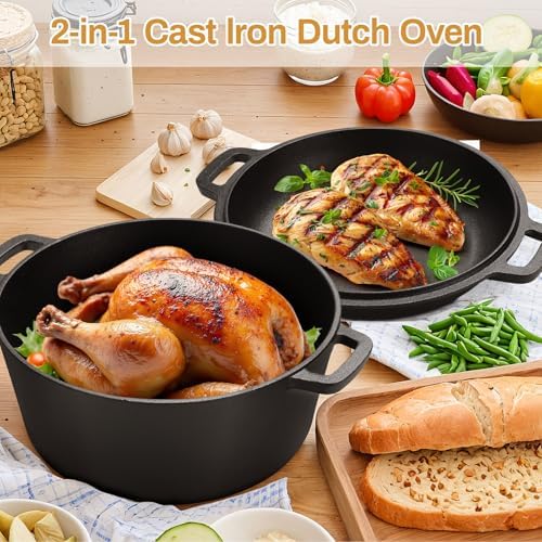 TLGREEN Cast Iron Dutch Oven 6.7QT Pot 2.5QT Skillet Lid Silicone Holders - Image 6