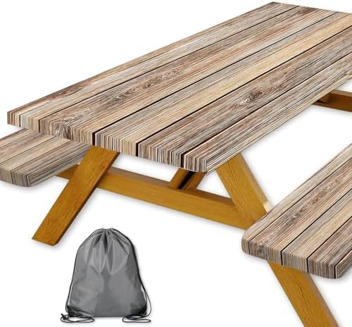 Picnic Table Cover with Bench Covers Camping Essentials Farmhouse Waterproof Windproof Wood Grain Camping Tablecloth Fitted Tablecloth Cover with Elastic Edge for Indoor & Outdoor 3 PCS 30x96 Inch by Xguatan