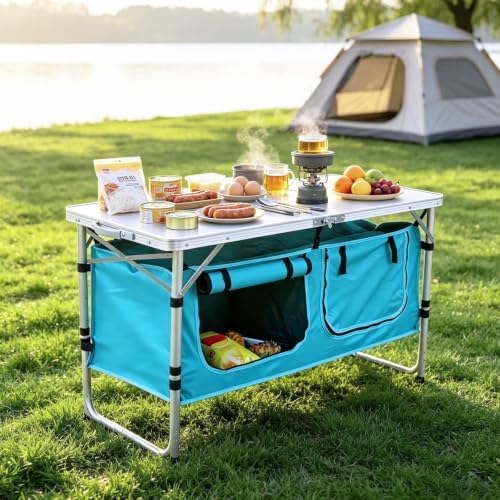 JOUYEK Camping Table, Folding Kitchen Table with Storage Sky Blue - Image 2