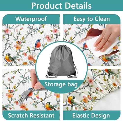Bird Branch Picnic Table Cover with Bench Covers and Bag, Camping Essentials, Spring Summer Floral Waterproof Windproof, Fitted Tablecloth Cover with Elastic Edge for Outdoor Garden 3 PCS 30x96 Inch - Image 5