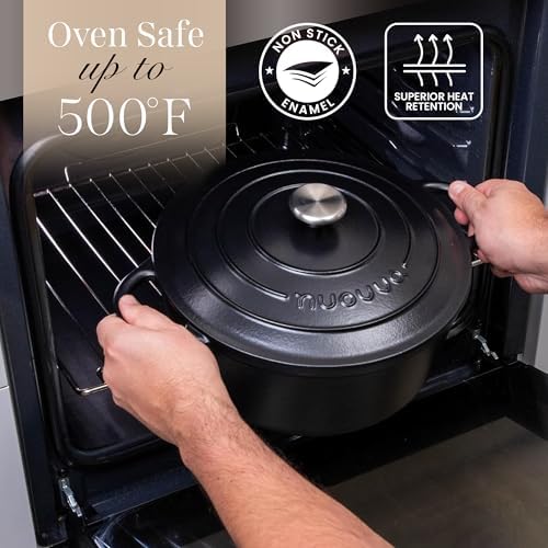 Cast Iron Pot with Lid-Non-Stick Ovenproof Enamelled Casserole Pot, Oven Safe up to 500° F-Sturdy Dutch Oven Cookware - Black, 5-Quart, 24cm-by Nuovva - Image 5