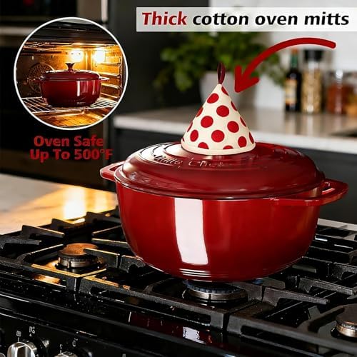 Umite Chef 6QT Enameled Cast Iron Dutch Oven with Lid, Versatile Heavy-Duty Cookware Pot for Baking Bread, Braising, Soups & Stews, Oven & Stovetop Safe with Heat Resistant Gloves（Red） - Image 5