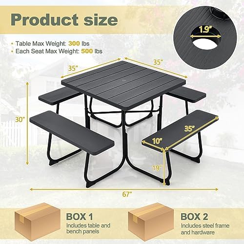 Tangkula 8 Person Square Picnic Table with 4 Built-in Benches, Black - Image 3
