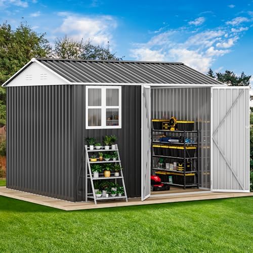 DWVO 10x8ft Metal Outdoor Storage Shed with Window, Lockable Tool Storage Sheds, Oversized Steel Garden Sheds with Sloped Roof for Backyard, Patio, Garage, Lawn (Gray + White) - Image 3