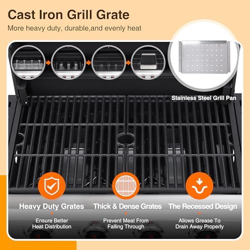 4-Burner Propane Gas Grill with Cast Iron Grates, 38200 BTU output,Foldable Side Shelves for Portable Outdoor Patio Camping, Black (4 burner) - Image 5