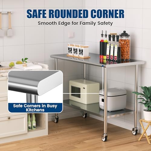 Stainless Steel Work Table with Wheels, 24x60 Inch NSF Kitchen Prep Table with Adjustable Undershelf for Commercial Restaurant, Garage, Outdoor BBQ - Image 5