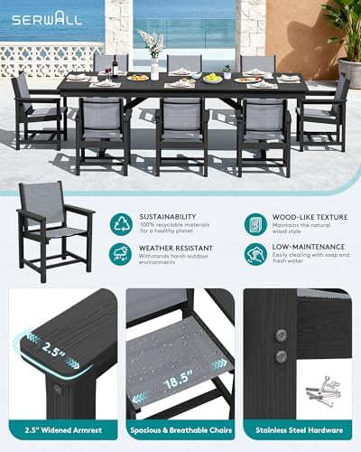 SERWALL 9Pcs HDPE Outdoor Dining Set for 8 with Sling Chairs,Black/Gray - Image 3