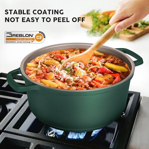 Large Dutch Oven Pot with Lid-7.5QT Cast Aluminum Oven Pot with Two Handles Lightweight for Bread Baking Braising and Roasting(Green) - Image 4