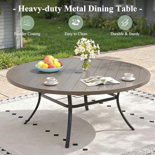 Outdoor Dining Table for 8, 63" Round Outdoor Table with Adjustable Umbrella Hole, All-Weather Metal Patio Dining Table for Lawn Garden Backyard Deck, Grey - Image 7