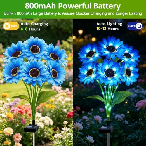 Solar Sunflower Lights Outdoor Garden Decor, 4 Pack Solar Blue Flowers Lights with 24 Sunflowers, Waterproof Fall Decor Stake Decorative Light Auto ON/Off for Garden Yard Patio, Gift for Women - Image 3