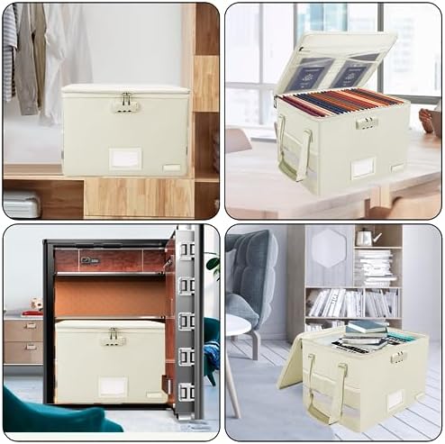 ENGPOW File Box with Lock, Fireproof Document Box with Zipper Lid, Collapsible File Storage Organizer Filing Cabinet with Handles, Portable Home Office Safe for Hanging Letter/Legal Folders, Beige - Image 2