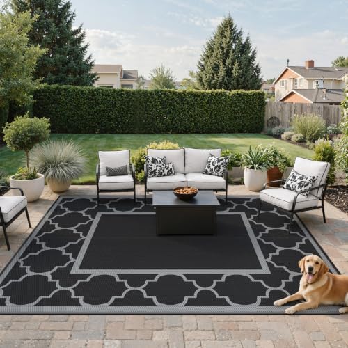 GENIMO Outdoor Rug, Waterproof Plastic Rugs for Patio, 9'x12' Black Gray - Image 2