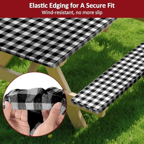 8.5ft 102in Picnic Table and Bench Cover, 3 Pack, Black Checkered - Image 4