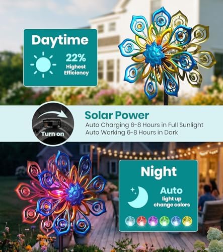 63" Solar Wind Spinners Outdoor, 13" Metal Kinetic Garden Art Decor - Image 3