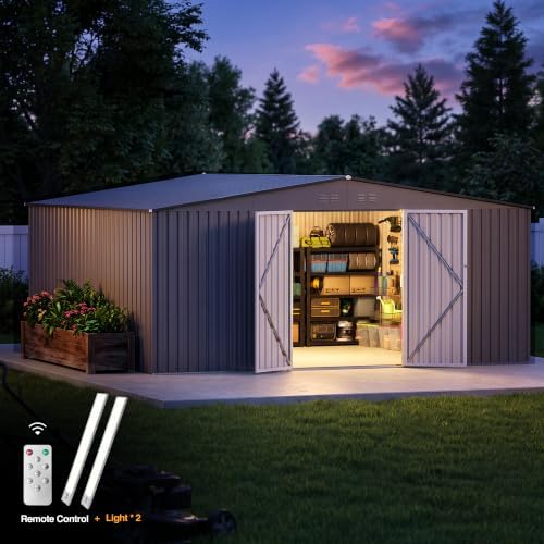14 x 12 FT Outdoor Storage Shed, Heavy-Duty Galvanized Steel Tool Shed with Reinforced Frame, 2 Magnetic Light, Lockable Double Door & Side Vents for Backyard Large Equipment, Dark Gray - Image 3