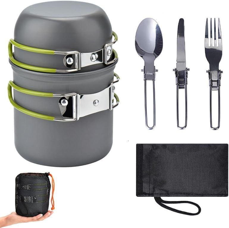 Camping Cookware Mess Kit Backpacking Pot Gear Camping Cooking Pots and Pans Set Camp Kitchen Equipment Accessories Green by Senrob