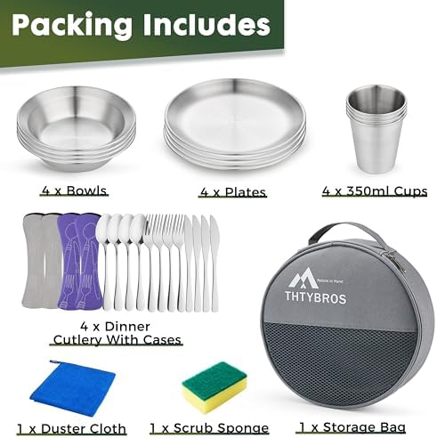 Stainless Steel Camping Mess Kit for 1-4 People,All-in-One Camping Cookware & Tableware Set with Plates,Bowls, Cups,Cutlery & Carry Bag,Outdoor Cooking Utensils for Camping,Backpacking,Hiking, Picnic - Image 2