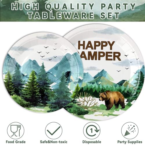 Camping Party Plates Napkin Happy Camper Dinnerware Camping Adventure Themed Birthday Party Tableware Set Disposable Fork Supplies for Boys Girls Tournament Birthday Decorations Serve 24 - Image 3
