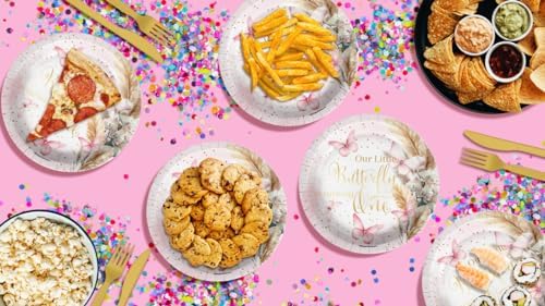Butterfly Girl's First Birthday - 32 Piece Disposable Party Supplies - Decorations for Floral 1st Birthday Round Party Plates - Large 9" Paper Plates In Bulk - Image 7