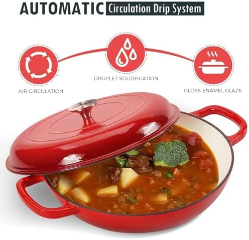 3.8 Quart Enameled Cast Iron Braiser Pan with Lid, Shallow Dutch Oven, Red - Image 3