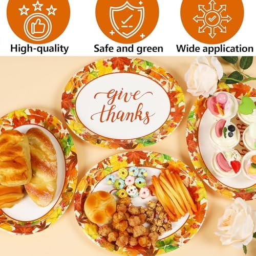 Qyeahkj 50PCS Thanksgiving Oval Paper Plates Large 11”Heavy Duty Disposable Plates Fall Party Decorations Give Thanks Serving Platter Supplies Favor Autumn Maple Leaf Party Tableware Set - Image 3