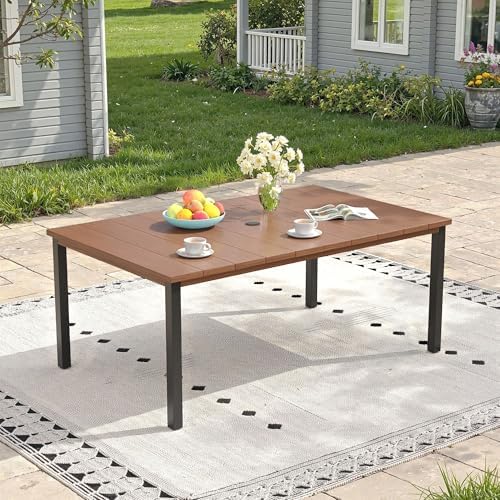 Outdoor Dining Table for 6, 63" Rectangle Outdoor Table with Adjustable Umbrella Hole, All-Weather Metal Patio Dining Table for Lawn Garden Backyard Deck, Walnut by ProvideOutdoorSolutions