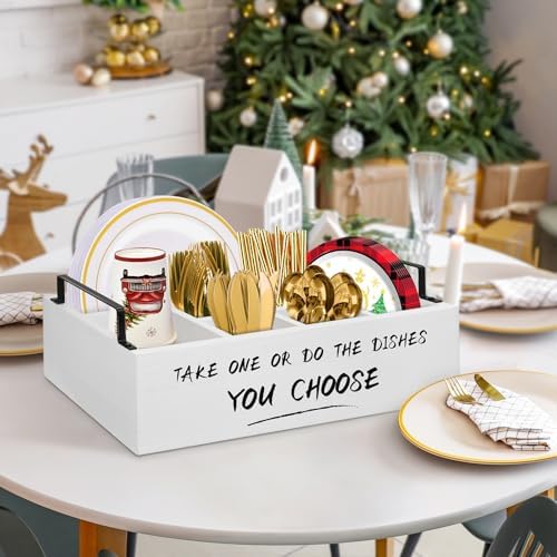 Ameuphercy Wood Paper Plate Holders for Kitchen Counter,Paper Plate Dispenser for Countertop, Rustic Silverware Utensil Caddy for Party,Wooden Plate Organizer Box for Cups Spoons and Forks - Image 2