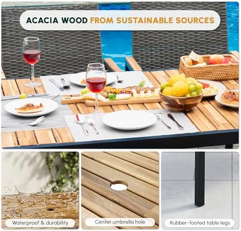 7-Piece Patio Dining Set for 6, Outdoor Dining Set with Wicker Patio Dining Chairs with Acacia Wood Dining Table with 1.75”Umbrella Hole, Brown Grey - Image 4