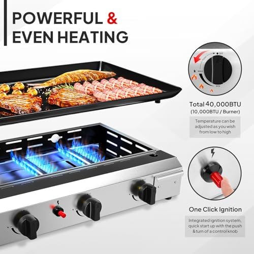 Bonnlo 4 Burner Portable Propane Griddle, 40,000BTU Gas Grill with Enameled Tray, Rolling Flat Top Gas Grill with Electronic Ignition & Regulator for Outdoor Camping Cooking BBQ - Image 3
