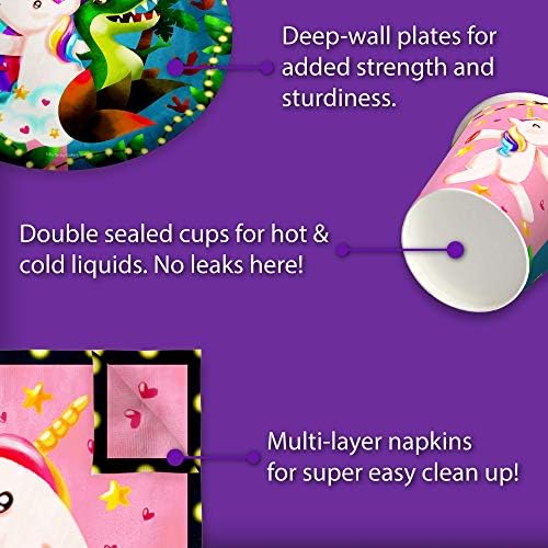 Unicorns & Dinos Joint Birthday Party Supplies Set Plates Napkins Cups Tableware Kit for 16 - Image 5