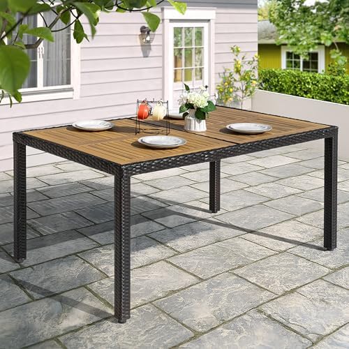 NUU GARDEN 59 x 35 Inch Outdoor Patio Dining Table for 6, Acacia Wood Slatted Tabletop with Rattan Wrapped Metal Frame, All Weather Outdoor Table for Garden Backyard Lawn, Black - Image 6