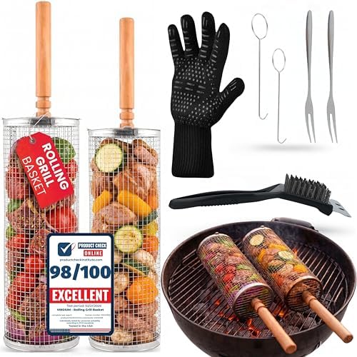 2 XL Rolling Grill Basket For Veggies Removable Wooden Handle 304 Stainless Steel Nesting Smoker Net BBQ Grilling Accessories Tools Kebab Fish Vegetable Steamer Basket Camping Cooking Outdoor Kitchen Food Rotisserie Barbeque Cooking Grilling Gifts For ... by Unknown