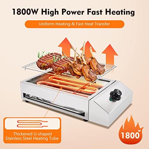 110V 1800W Commercial Electric Grill Portable Barbecue Oven Stainless Steel BBQ Grill Countertop Flat Top Electric Grill for Indoor Restaurant Outdoor Camping Party Sliver - Image 2