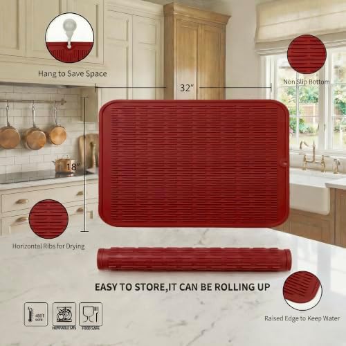 MicoYang Silicone Dish Drying Mat for Multiple Usage,Easy clean,Eco-friendly,Heat-resistant Silicone Mat for Kitchen Counter or Sink,Refrigerator or Drawer Liner Red 4XL 32 inches x 18 inches - Image 2