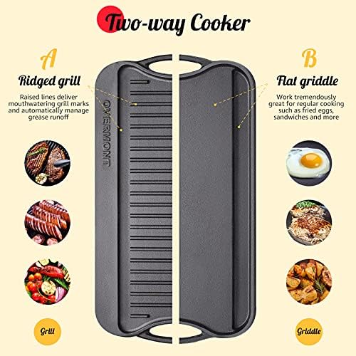 Overmont Reversible Cast Iron Grill - 17" x 9.8" Dual-Sided Griddle Pan - Image 2