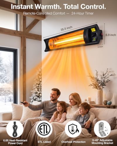 Hykolity 1500W Infrared Wall Mount Heater 35.5'', Electric Patio Heater with IP55 Waterproof, Remote Control, 24H Timer Ideal for Indoor &Outdoor Patio, Restaurant, Backyard, Garage,Living room - Image 3