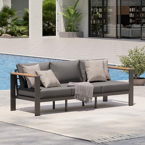 Aluminum Outdoor Patio Furniture, 3 Seats All-Weather Outdoor Patio Sofa with Washable Thick Cushion, Patio Sofa Couch for Porch, Balcony, Deck, Yard, Graphite by Oasbira
