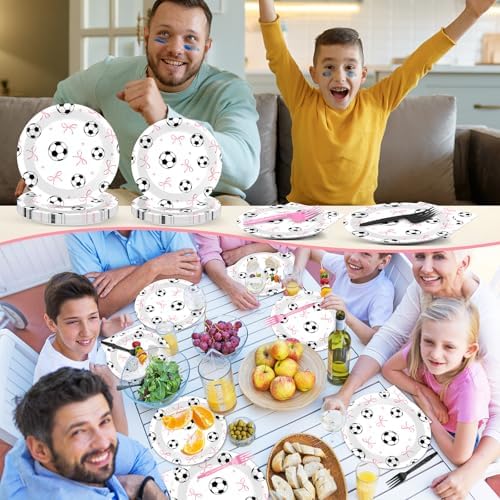 96PCS Soccer and Bow Party Paper Plates and Napkins for Sports Themed Party Dessert Cake Plates Disposable Decor Pink Bow Soccer Birthday Parties Set for Boys Girls Birthday Gatherings Decorations - Image 5