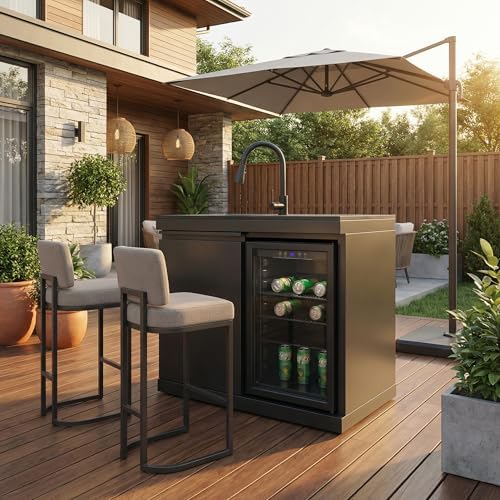 Sink and Fridge Combo for Outdoor Kitchen, 70L Refrigerator and Sink with Pull-Down Faucet, Brushed SS and Black Granite Countertops, All-in-One BBQ Island Cleaning Station (Black) - Image 4