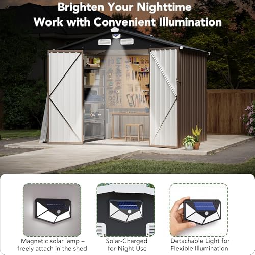 MXV 8 x 6FT Outdoor Storage Shed, Metal Garden Shed with Windows, Double Lockable Doors & Sloped Roof, Magnetic Solar Lamp, Waterproof Tool Sheds for Backyard Garden Patio Lawn, Brown - Image 7