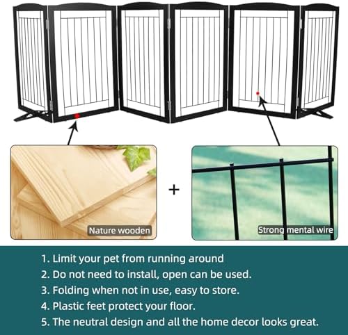 ZJSF Freestanding Dog Fence Indoor, Foldable Dog Gate for Doorways, Stairs or Hallways, Sturdy Wood Extra Wide Pet Gate with Support Feet for The House, Black, 32 "Height-6 Panels - Image 5