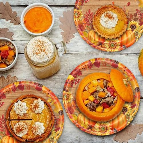 20 Pcs Happy Thanksgiving Party Disposable Paper Plates Fall Themed 9 Inch Round Dinner Plates for Autumn Party Decorations (Wood Grain Pumpkin Maple Leaves) - Image 4