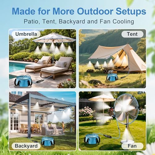 Portable Misting System for Outdoor Cooling, 23 FT Misters for Outside Patio with Rechargeable Pump, 30L Water Bag, 6 Adjustable Nozzles for Tent, Canopy, Backyard, Umbrella and Camping - Image 6