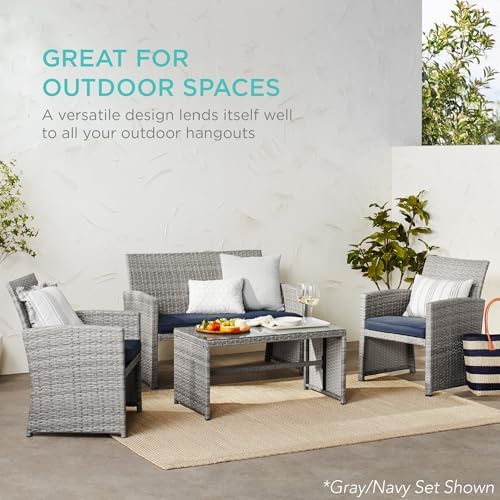 Best Choice Products 4-Piece Outdoor Wicker Patio Conversation Furniture Set for Backyard w/Coffee Table, Seat Cushions - Brown/White Sand - Image 6