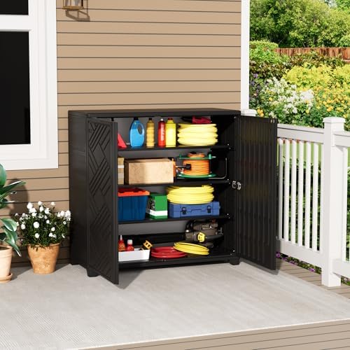Mrosaa Outdoor/Indoor Storage Box,Resin and Plastic Storage Cabinet Waterproof,Outdoor Cabinet for Patio/Garden/Balcony/Backyard/All Room(with 3 Shelves)-Black - Image 2