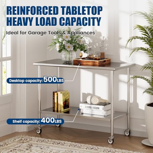 Stainless Steel Work Table with Wheels, 24x60 Inch NSF Kitchen Prep Table with Adjustable Undershelf for Commercial Restaurant, Garage, Outdoor BBQ - Image 2