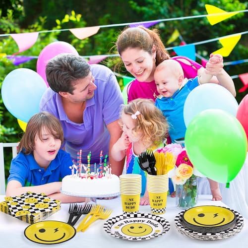 Kochorie 144 Pieces One Happy Dude Party Tableware Sets including Disposable Plates Napkins Cups Forks Serves 24 for Smiley Face 1st Birthday Preppy Party Decorations - Image 6