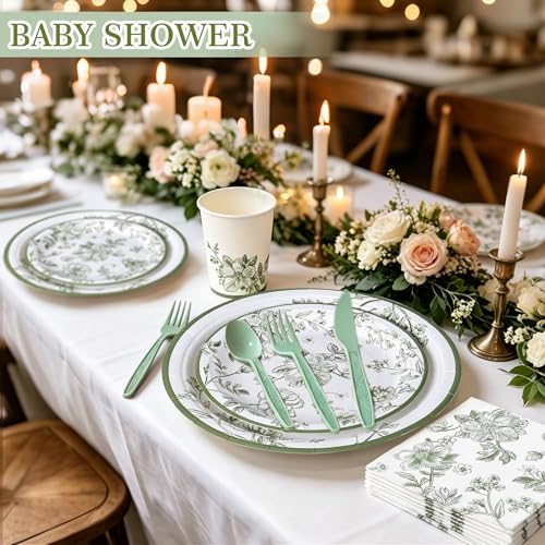 400 Pcs Disposable Sage Green Floral Tableware Set for 50 Guests - Image 3